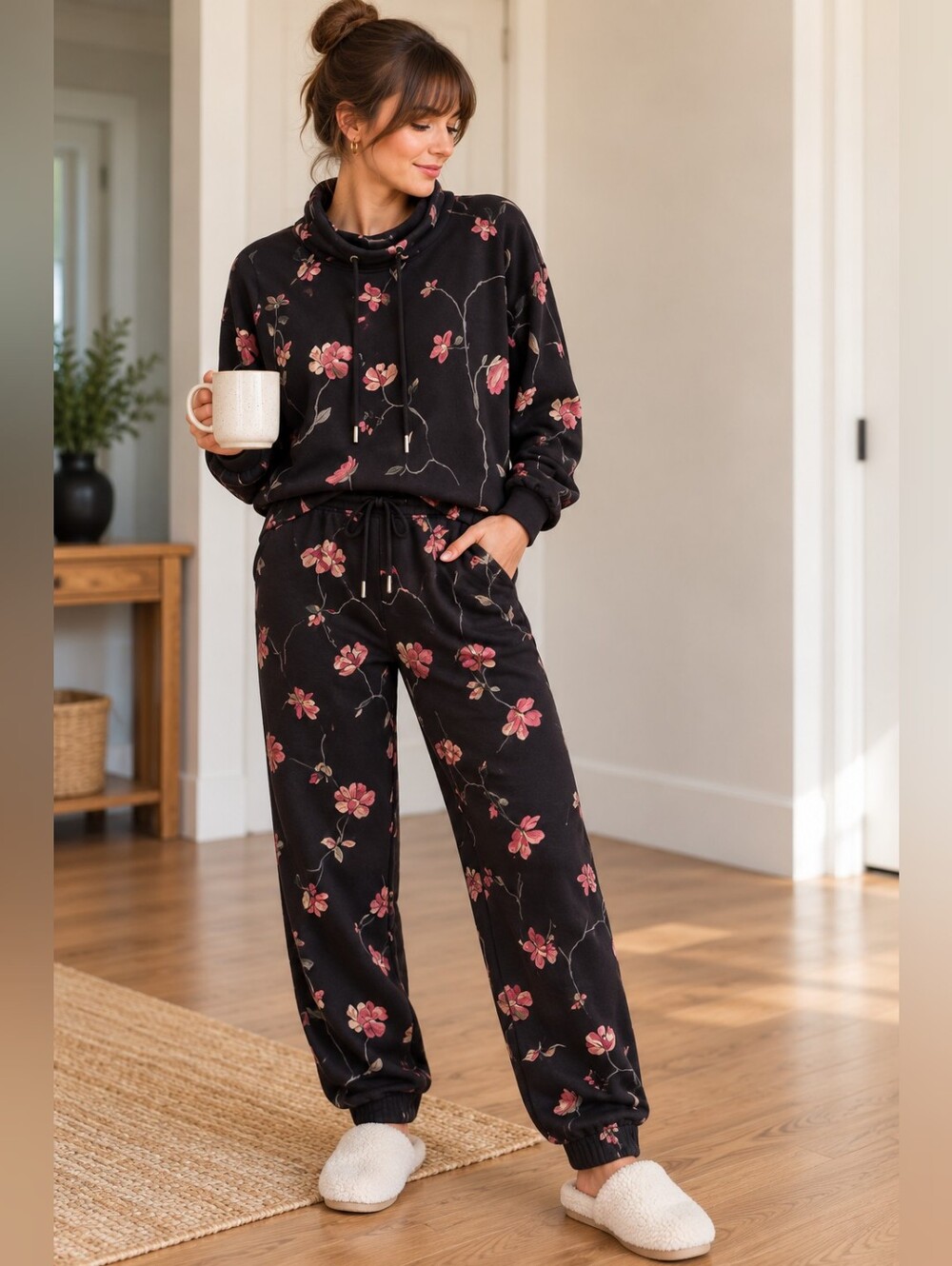 RW&CO. Black Floral Sweatshirt and Jogger Set - Pink Flower Print